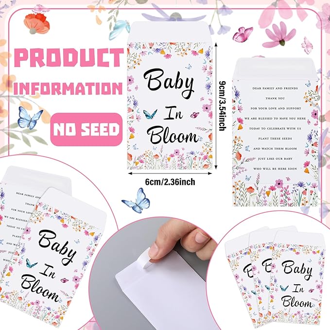 Ctosree 50 Sets Wildflower Baby in Bloom Baby Shower Seed Packets Favors for Guests Include Self Adhesive Seed Packets (No Seeds) Clay Plastic Flowerpot Thank You Tags Hemp Rope Organza Gift Bags