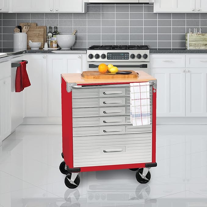 Seville Classics UltraHD Heavy Duty Rolling Cabinet Workbench Table w/Solid Wood Top, Workstation for Garage, Office, Workshop, Red, 6-Drawer (28" W x 18" D