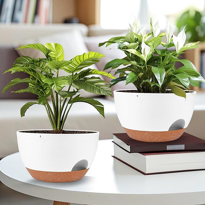 Plant Pots 12inch Self Watering Pots, Set of 2 Plastic Planters with Drainage Holes and Saucers, Flower Pots for Indoor Outdoor Plants (White)