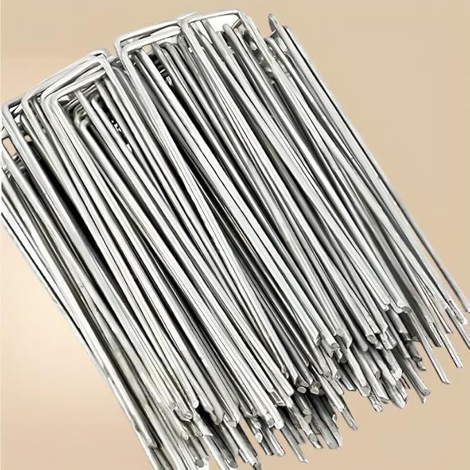 Galvanized Landscape Stakes Heavy Duty - Ground Staples for Weed Barrier, Irrigation, Fencing, Tarp | Anti-Rust Steel Garden Staples U-Shaped (8in-100pcs)