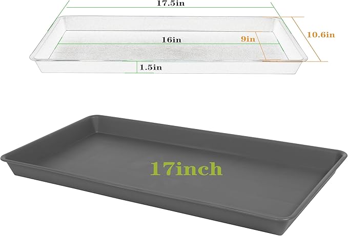 VUWEZ 2 Pack Plant Saucer Tray Rectangular, Plant Growing Nursery Trays, Heavy Sturdy Seed Starting Trays, Plant Starter Trays for Indoors No Holes, Seed Starter Growing Tray (17.5"x10.6", Gray)
