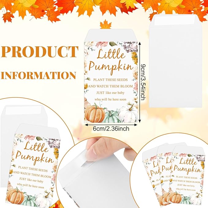 Ctosree 50 Sets Little Pumpkin Baby Shower Party Favors Thanksgiving Baby Shower Seed Packet for Guests Little Pumpkin is on The Way Gifts Self Adhesive Seed Packets Thanks Tag Organza Gift Bag