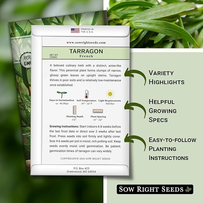 Sow Right Seeds - French Tarragon Seeds for Planting - Non-GMO Heirloom Packet with Instructions to Plant an Outdoor or Indoor Herb Garden - Culinary Leafy Green - Long Lasting Perennial Seasoning (3)