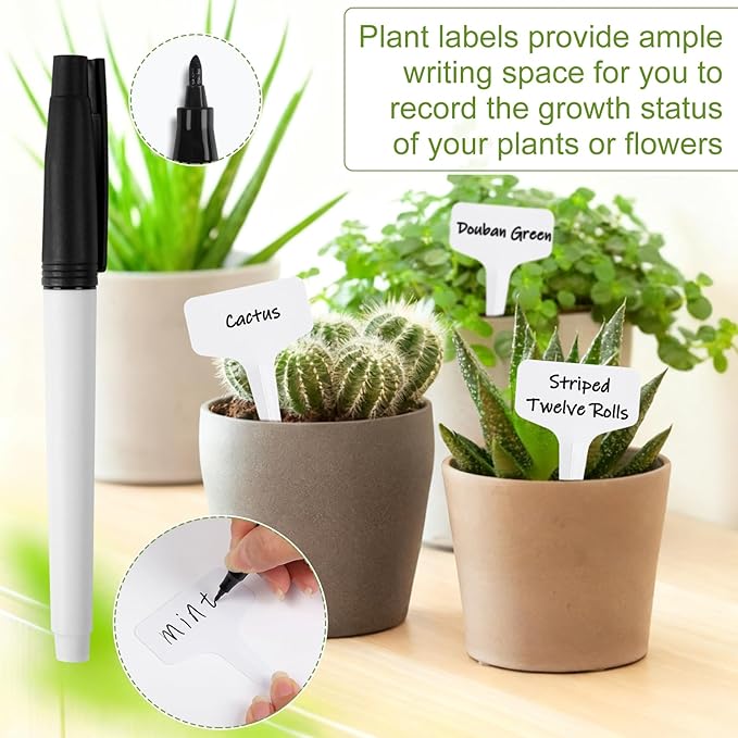 Oligei Plant Labels 120 PCS, T-Type Plant Tags with Marking Pen, 6 x 10 CM White Plastic Plant Markers for Nursery, Garden, Seedlings, Flower Vegetables, Herb