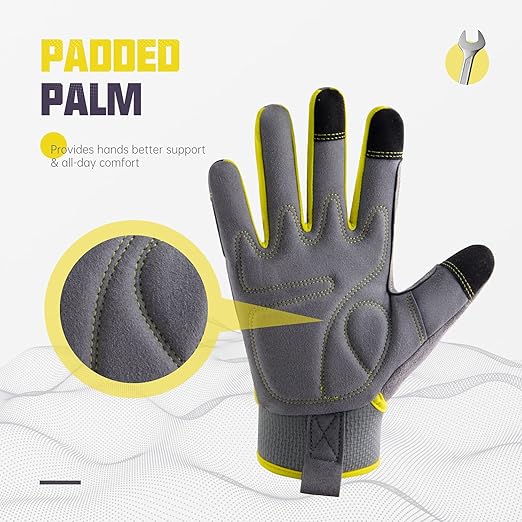 HANDLANDY Work Gloves Mens & Women, Utility Safety Mechanic Working Gloves Touch Screen, Flexible Breathable Yard Work Gloves (XX-Large, Grey&Yellow)