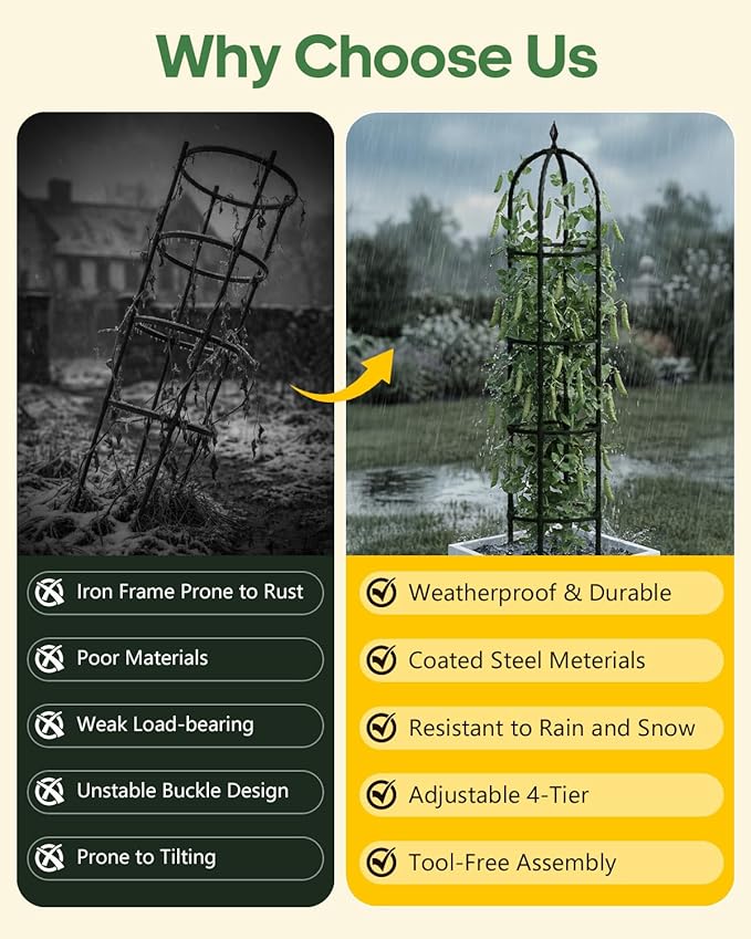 Joyhalo 2 Pack Trellis for Climbing Plants Outdoor, 6.2ft High Adjustable Garden Trellis for Flowers, Black Plastic Coated Steel Plant Stakes Use As Tomato Cage