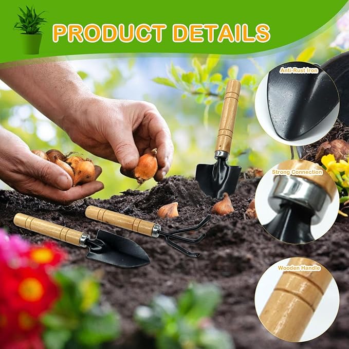 Small Garden Tools,3 Pcs Mini Garden Tools Set,Include Small Trowel,Mini Shovel and Hand Rake,Heavy Duty Indoor Gardening Plant Tools Set for Succulent,Bonsai,Pot Plants,Potting Tools Kit