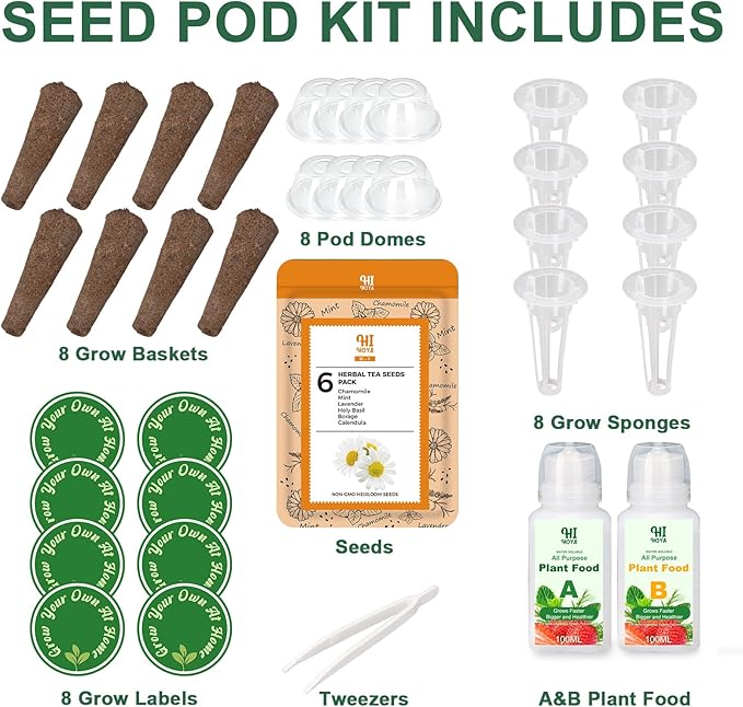 Lavender Seed Pod Kit, 8 Pod Kit (Include Seed Lavender/Chamomile/Holy Basil/Borage/Calendula/Mint) Fresh Tea Seed Pod Kit Compatible with Hydroponics