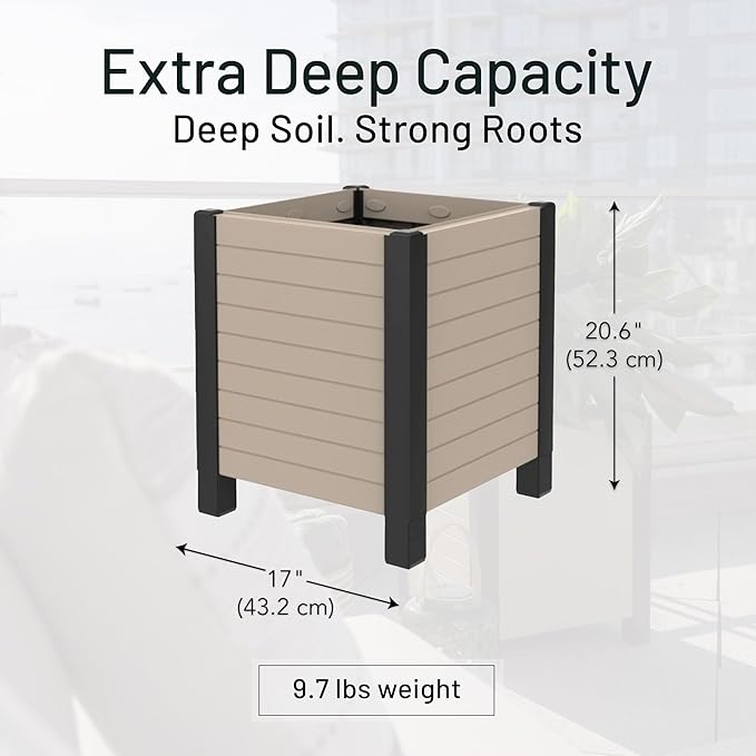 Tierra Verde 17-Inch x 17-Inch Flora Cube Planter Box with Tool-Free Connect System and Crafted from Recycled Materials, for Patios or Decks, Khaki