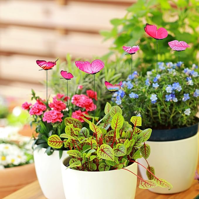 12pcs Decorative Butterfly Plant Stakes, 9.8in Lifelike Butterfly Garden Stakes PVC Waterproof Flower Pot Decorations for Garden Lawn Patio Indoor Outdoor Yard Planter Art Decor (Pink)