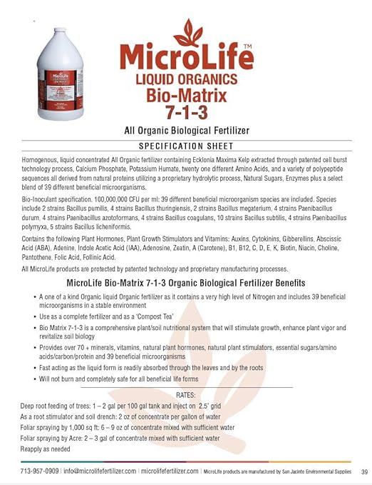 MicroLife Bio-Matrix (7-1-3) Professional Grade Liquid Organic Biological Fertilizer, 1 Quart
