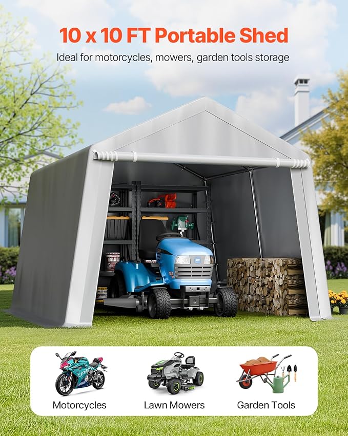 VEVOR Portable Shed Storage Shelter Outdoor, 10x10x8.5 ft Heavy Duty Instant Storage Tent Tarp Sheds with Roll-up Zipper Door and Ventilated Windows for Motorcycle, Bike, Garden Tools