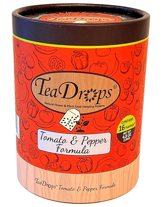 TeaDrops Organic Tomato + Pepper + Eggplant Fertilizer – 16 Liquid Indoor House Plant Food Packets – Make up to 32 Gallons (Easy use in Watering Can & Containers, Ecofriendly)