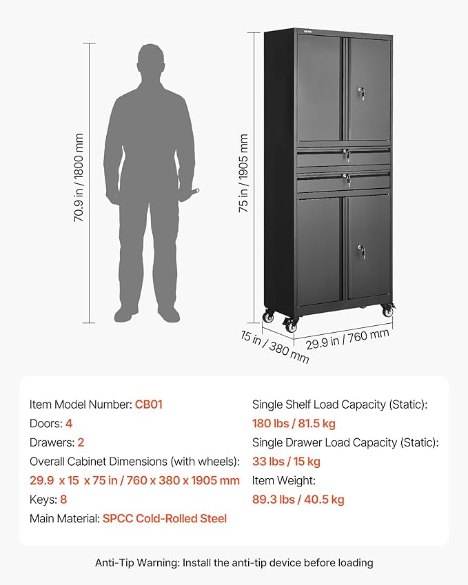 VEVOR Metal Storage Cabinet with Wheels, 180 lbs Shelf Load Capacity, 75" Tall Rolling Garage Tool Storage Cabinet with 4 Locking Doors and Adjustable Shelves, 2 Drawers, for Garage, Office, Home