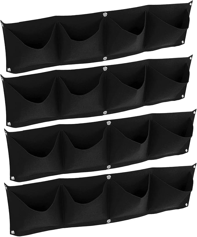 Hyuduo 4-Pocket Wall Hanging Planter Bags Reusable Felt Grow Bags for Indoor Outdoor Garden, Ideal for Flowers Vegetables Black 4-Pack