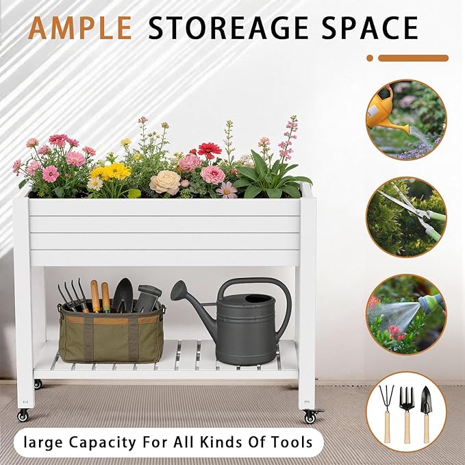 EasyUp 21 Gallon Elevated Raised Garden Bed with Storage Shelf & Lockable Wheels, Weatherproof Mobile Planter for Patio, Balcony, Vegetables & Flowers (Ashen)