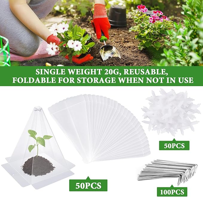 Garden Cloches for Plants, 50 Pack Plastic Small Plant Seedling Protector, Reusable Clear Bell Covers with 100pcs Metal Stakes, Mini Greenhouse Against Sun, Frost, Snails, Birds, 7.8" x 11"