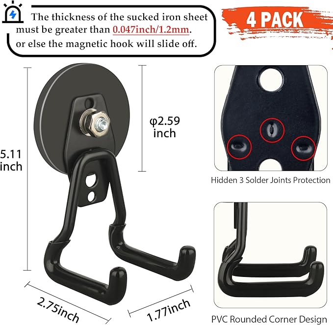 ULIBERMAGNET Upgraded Large Magnetic Hooks,Strong Heavy Duty Magnet Hooks for Power Drill,Broom,Garden Tools,Pegboard,Garage,Workshop,Hardware, 4 Pack Magnet Storage Holder for Hanging(Black)