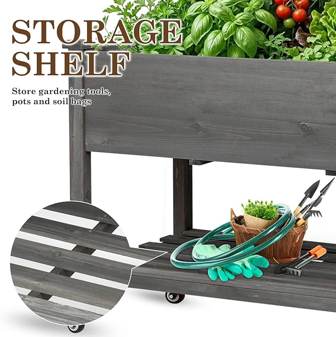 Raised Garden Bed with Lockable Wheels, 48x24x32 inch Elevated Wood Planter with Storage Shelf Protective Liner for Vegetable Flower Herb Outdoor Balcony Patio Backyard, Grey