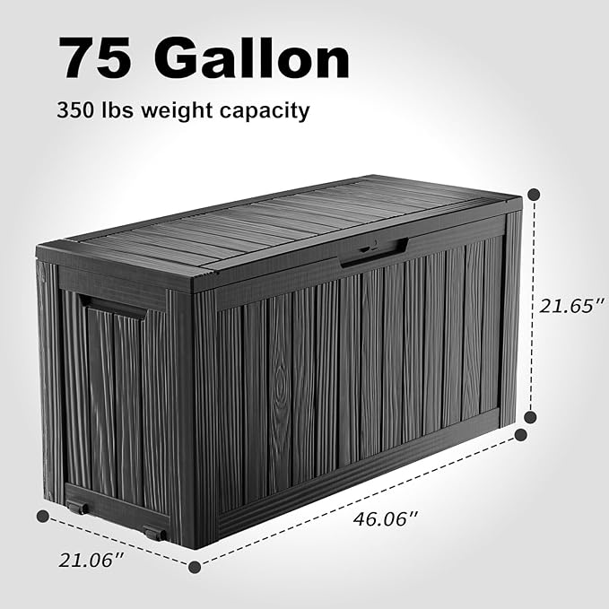 Waterproof Outdoor Storage Box, 75 Gallon Lockable Deck Box, UV-Resistant Outside Storage Bin With Hydraulic Lid For Patio Furniture, Cushion Organizer, Garden Tools, Pool Accessories, Black