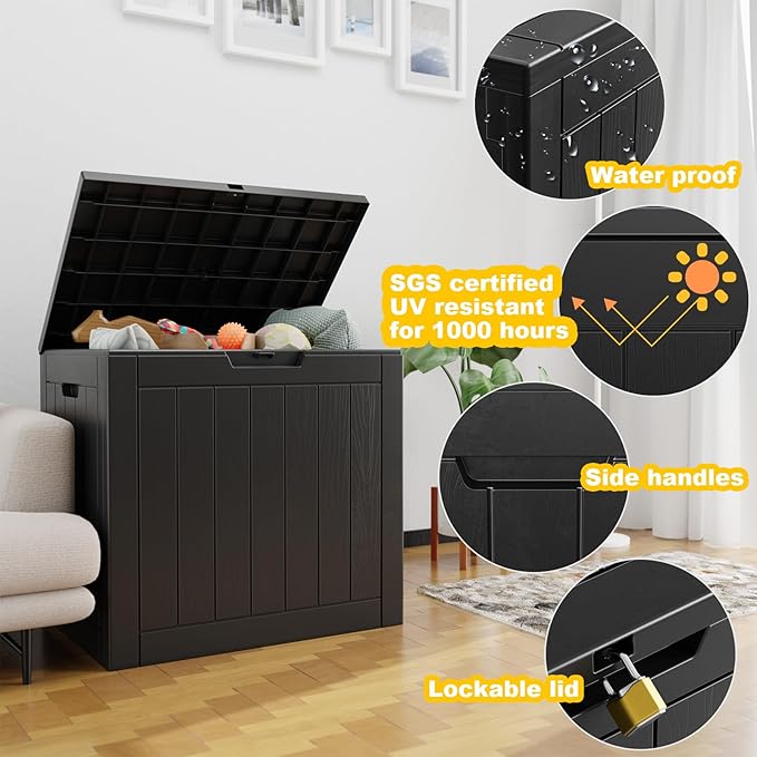 Vixzen 30 Gallon Resin Deck Box, Lockable Outdoor Storage Box for Patio Cushions Storage Furniture,Garden Tools, Pool Supplies, Weatherproof and UV Resistant（Black，30 Gallon）