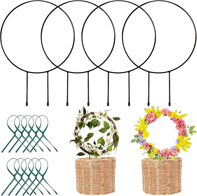 Halatool 4 Pack Black Metal Trellis for Potted Plants, Round Garden Houseplant Hoya Plant Trellis for Climbing Plants Outdoor Garden Trellises with 10 Plant Twist Tie for Vines Potted Plants Flower
