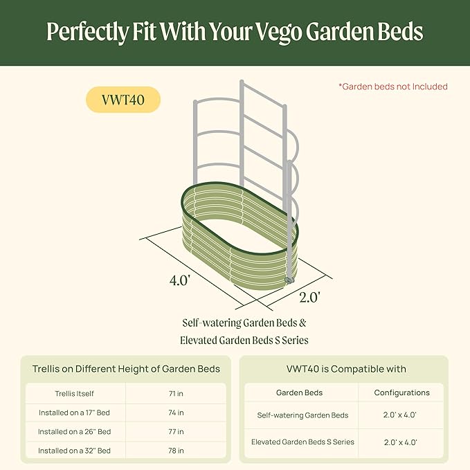 Vego Garden Modular Wall Trellis System, Triple Section 4.0' Long for 2.0' x 4.0' Garden Beds