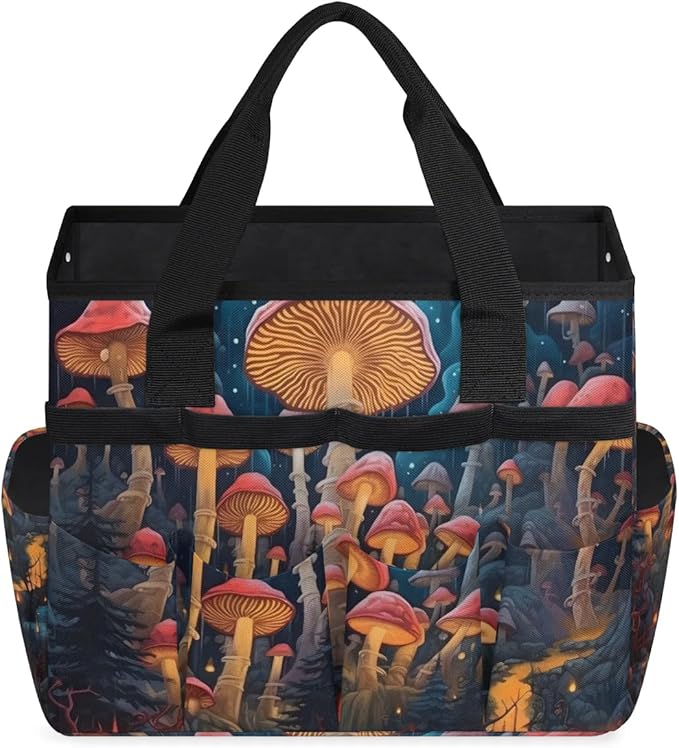Garden Tool Bag Organizer Garden Tote Bag with Pockets Autumn Mushrooms Tool Storage Organizer Gardening Tool Kit Holder 13" x 6.8" x 2.8"