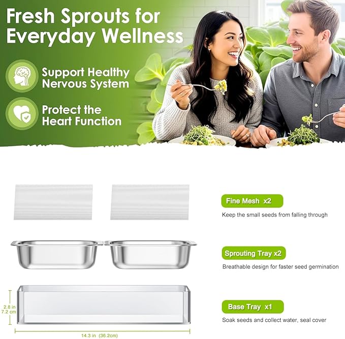 FANHAO Upgraded Visual Seed Sprouter Tray, Stainless Steel Soil-Free Cultivation Germination Tray with Acrylic Base, Healthy Microgreens Growing Kit for Indoors Sprouting Seeds, Grow Grass, Beans
