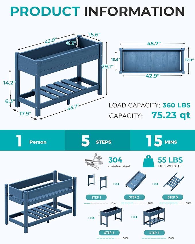 SERWALL Raised Garden Bed with Legs Set of 2, 43"×17"×30" Large HDPE Elevated Planter Box for Vegetables Flower Herb Patio, All Weather Use- Blue