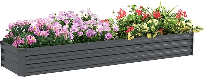 Outsunny 8 x 2 x 1ft Galvanized Raised Garden Bed Kit, Outdoor Metal Elevated Planter Box with Safety Edging, Large Raised Bed for Growing Flowers, Herbs and Vegetables, Dark Gray