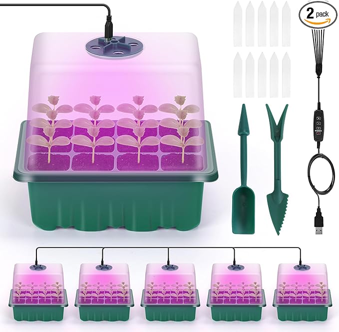 Seed Starter Kit with Grow Light, Flantor 72-Cell (6 Pack) Seed Starter Kit with Full Spectrum Grow Light, Auto Timer & Adjustable Brightness, 12-Cell Trays, Humidity Domes and 30 Plant Labels