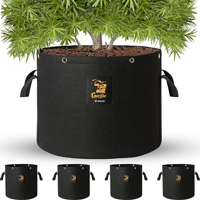 GorillaGrow Tent Gorilla 20 Gallon Fabric Grow Bags – Thick 600g Fabric, BPA-Free, Reinforced Handles & Metal Grommets for Indoor/Outdoor Plants, Air Pruning Pots for Bigger Yields - 4 Pack