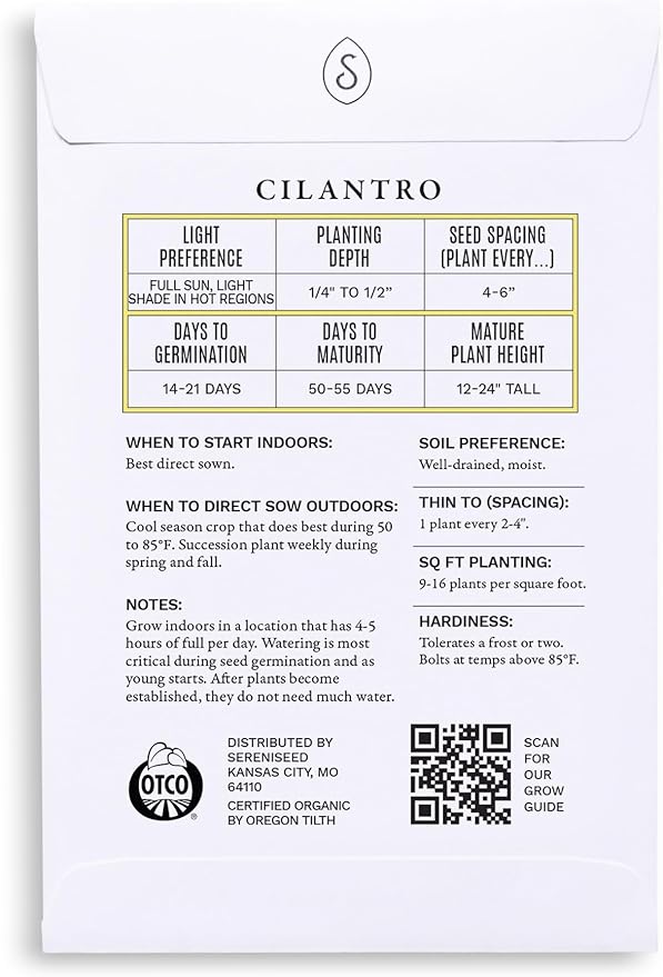 Sereniseed Certified Organic Cilantro Seeds – Non GMO, Heirloom – Seed Starting Video – Seeds for Indoor and Outdoor Planting (Coriander sativum)