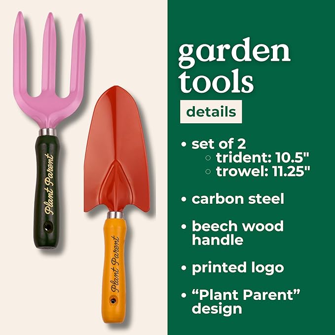 ban.do 2 Piece Gardening Hand Tools, Cute Garden Tool Set Includes Hand Rake and Trowel with Beech Wood Handles, Plant Parent