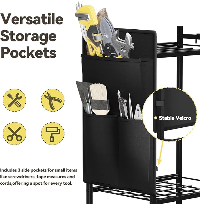 Garden Tool Organizer with Pockets, Rolling Yard Tool Storage Rack with 2 Hooks and Lockable wheels, Black