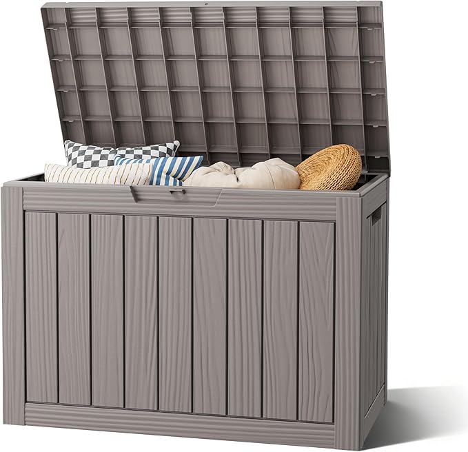 Oudoor Storage Deck Boxes Waterproof, Waterproof and UV Resistant Outdoor Storage Box Lockable Lid for Delivery Box, Indoor, Garden Tools, Pool Supplies, Patio (Grey, 45 Gallon)