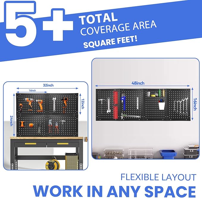 Heavy Duty 4 Panel 16" X 12" Metal Peg Board with 32 Varied Sturdy Hooks, Used for Tool Storage and Garage Organization. Peg Board Organizer Accessories, Black