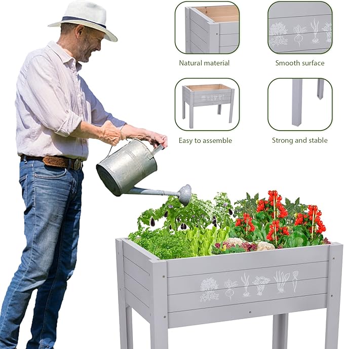 Kids Raised Garden Bed with DIY Chalkboard, 30 x 24 x 18 Inch Wooden Elevated Raised Garden Bed for Kids Outdoor Planter Box with Legs for Vegetables Grass Lawn Yard, Light Blue