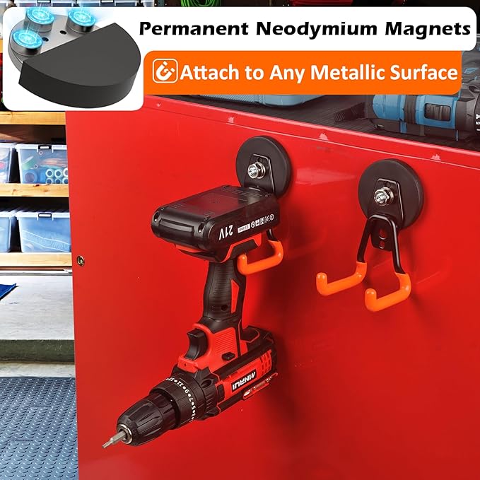 MUTUACTOR Updated Strong Magnetic Hooks,4PCS Scratch-Resistant Heavy Duty Garage Magnet Hook,20lbs Powerful Storage Tool Hooks for Organizing Cordless Impact Drivers,Garden Shovel Tool Box