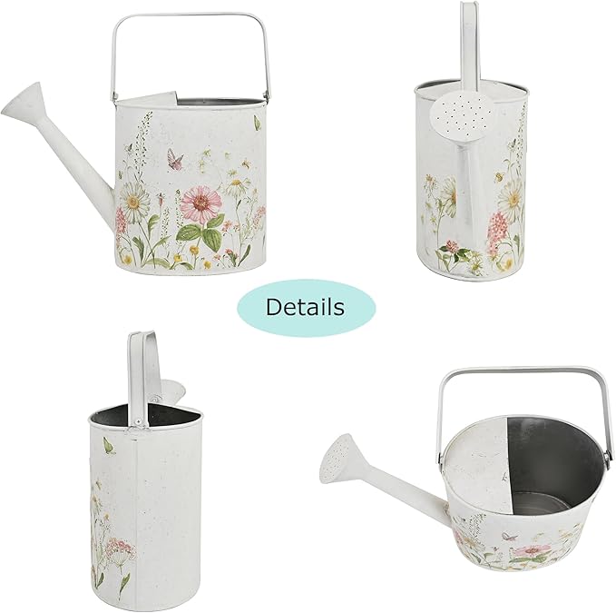 Vintage White Metal Watering Can Decorative Garden Watering Pot with Floral & Butterfly Prints Rustic Shabby Chic Design for Indoor Plants, Outdoor Gardening, Home Decor