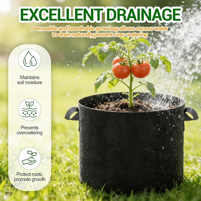 5-Pack 10 Gallon Grow Bags, Thickened Aeration Fabric Pots with Handles, Heavy Duty Plant Bags for Vegetables, Tomatoes, Potatoes, Fruits & Flowers, Reusable Garden Pots for Plants