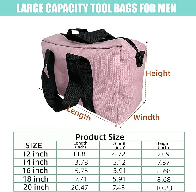 BLIRITEL 14 Inch Wide Mouth Tool Bag, Heavy Duty Canvas Tool Storage Bag, Large Capacity Handbag, Multi-function Tool Organizer Tote Bag for Storage Wrenches Pliers (Pink, 14 Inch)