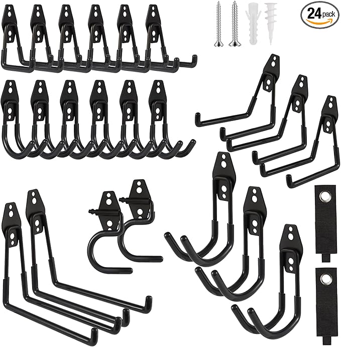 Garage Hook Heavy Duty Wall Storage Hangers, 24 Pack Garage Storage Hooks Steel Tool Black for Ladders, Ropes, Garden Tools