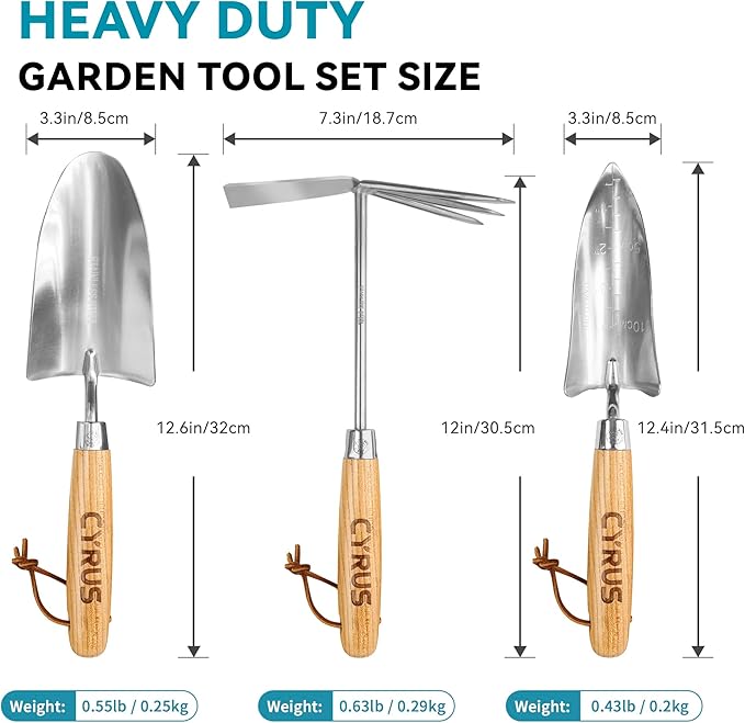 CYRUS Garden Shovel Tool Set,3 Piece Garden Shovel Stainless Steel,Includes Hand Trowels, Transplanting Shovel and Hand Rake with Ash Wood Handle,Gardening Shovels for Planting