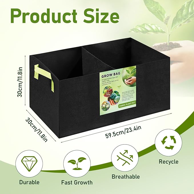 FACULX 3 Pack Planting Bags,2 Compartment Breathable Fabric Elevated Garden Bed, Rectangular Planting Pots, Suitable for Vegetables, Flowers, Fruits/Flowers, with Handles (59.5cm*30cm*30cm)