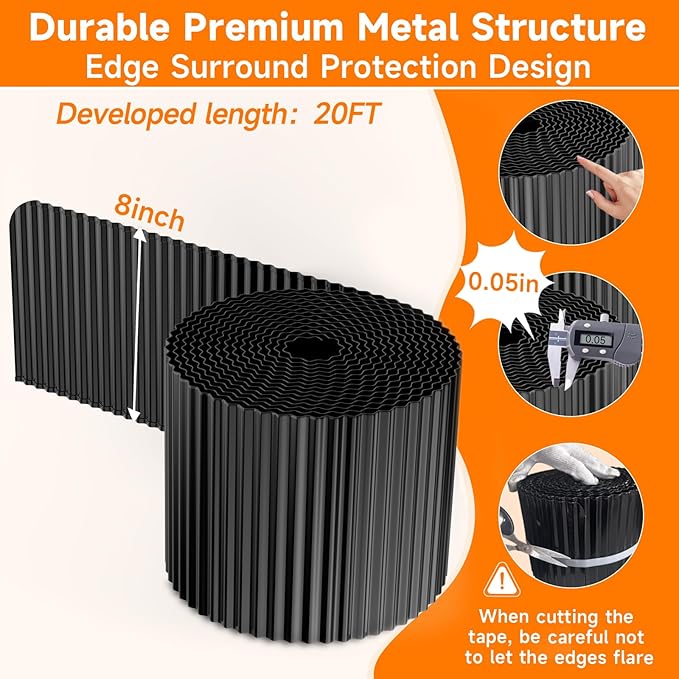 Corrugated Garden Edging,8"×20Ft Galvanized Steel Landscape Edging & Lawn Edging Border,Metal Garden Border for Flower Beds,Garden,Lawn,Raised Beds & Tree Surrounds(Black)