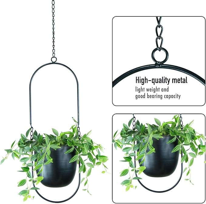 Metal Oval Hanging Planter, Set of 2 Black Geometric Plant Hangers with 6 inch Flower Pots in Oval Shape, Modern Wall and Ceiling Plant Holders for Indoor Outdoor Plants Home Décor