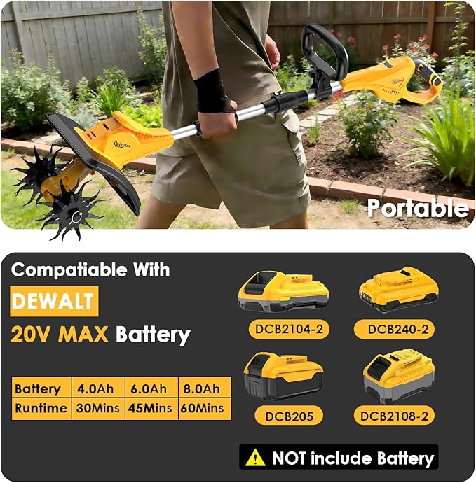 Garden Tools - Cordless Tiller Cultivator Compatible with DEWALT 20V MAX Battery (Tool Only), 310RPM Electric Rototiller with 40 Steel Tines, 9.1In Tilling Width & 6.3In Depth Tiller, Folding Design