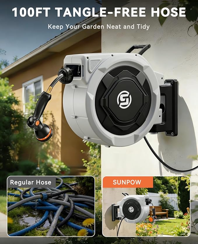 SUNPOW Retractable Garden Hose Reel - 5/8in x 100ft Heavy Duty Wall Mounted Hose Reel with 3/4in Brass Fitting & 10 Function Nozzle - Any Length Lock, Auto Rewind System, 180°Swivel Bracket - Gray